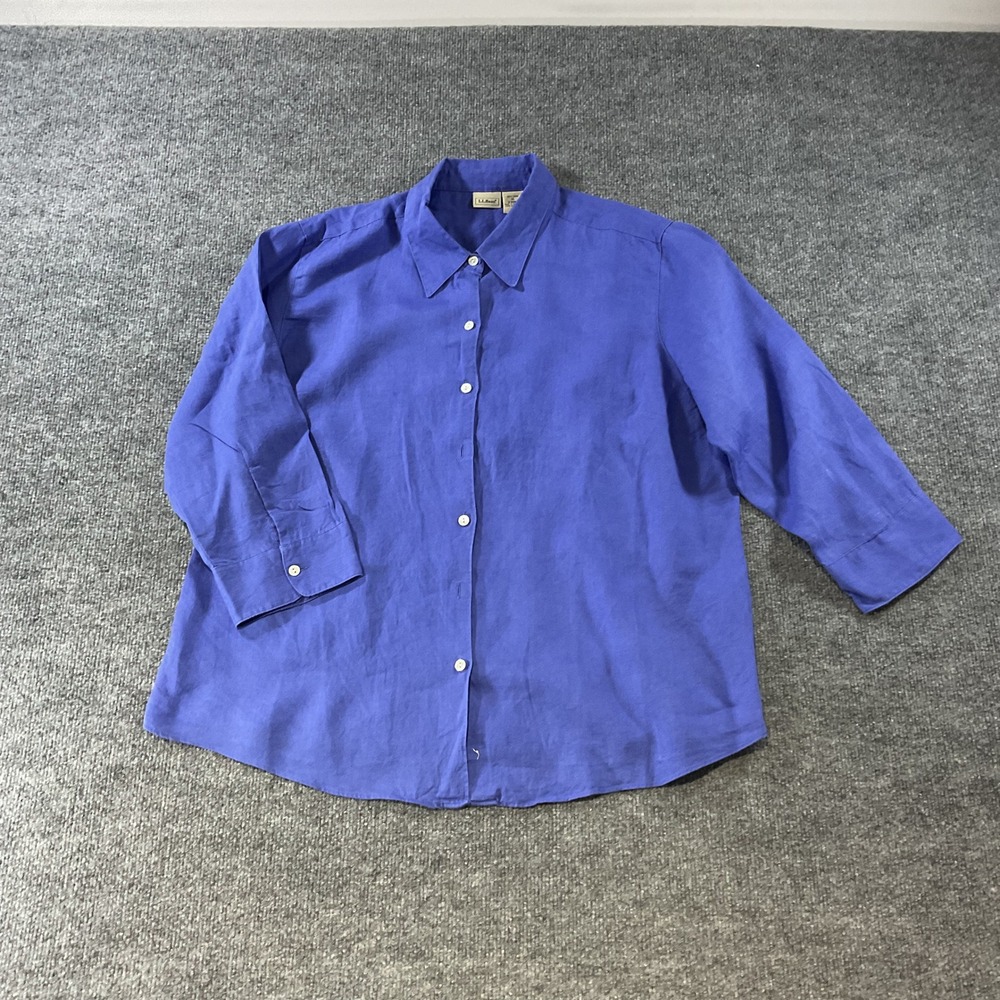 LL Bean Womens XL Blue 100% Linen 3/4 Sleeve Button Up Shirt 0DNH4